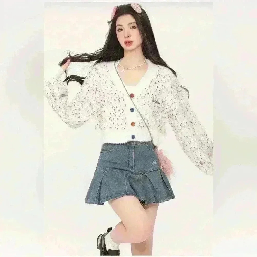 Melange V Neck Knit Cardigan K Pop Style‎ Chunky Multicolor K Pop Coquette Fall